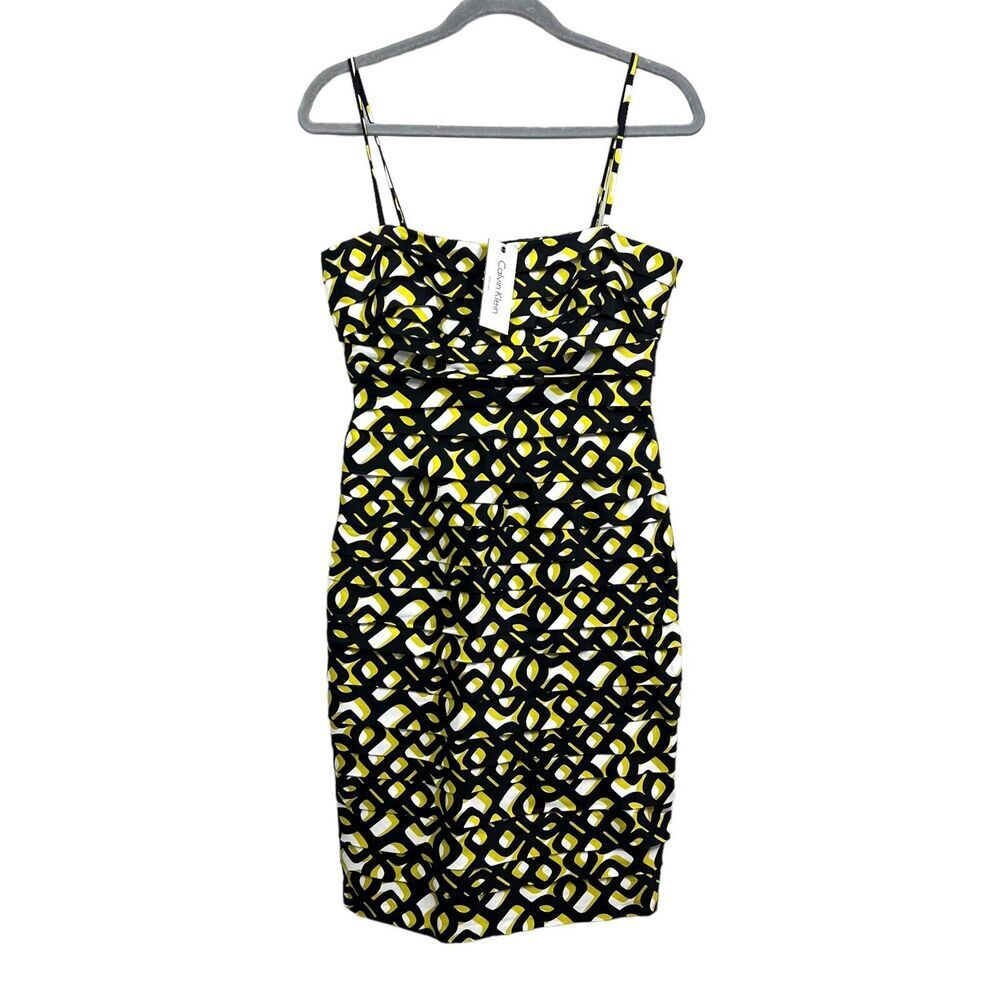Calvin Klein Womens Sheath Dress Spaghetti Strap Tiered Zip Green Black Size 6*